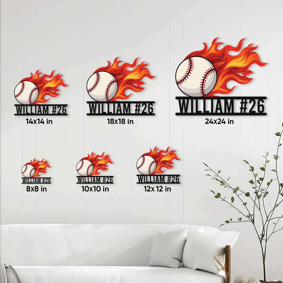 Flaming baseball metal sign size guide showing available dimensions from 8 by 8 to 24 by 24 inches