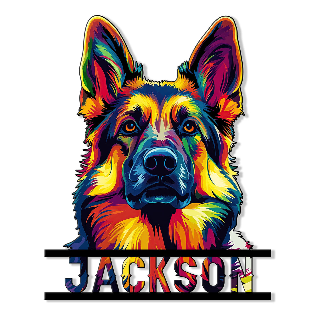 Vibrant multicolor German Shepherd portrait metal sign with bold cutout wall decor design