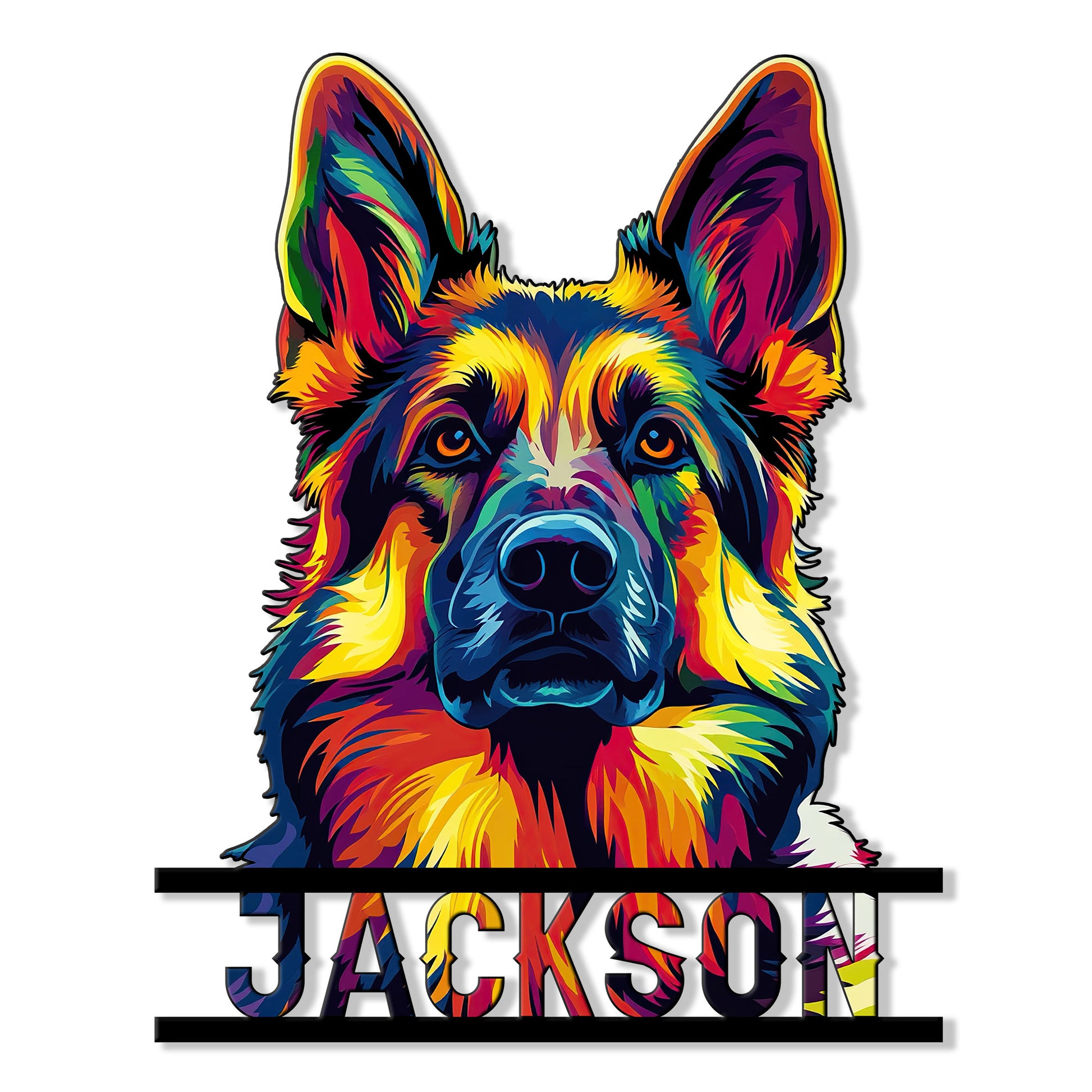 Vibrant multicolor German Shepherd portrait metal sign with bold cutout wall decor design