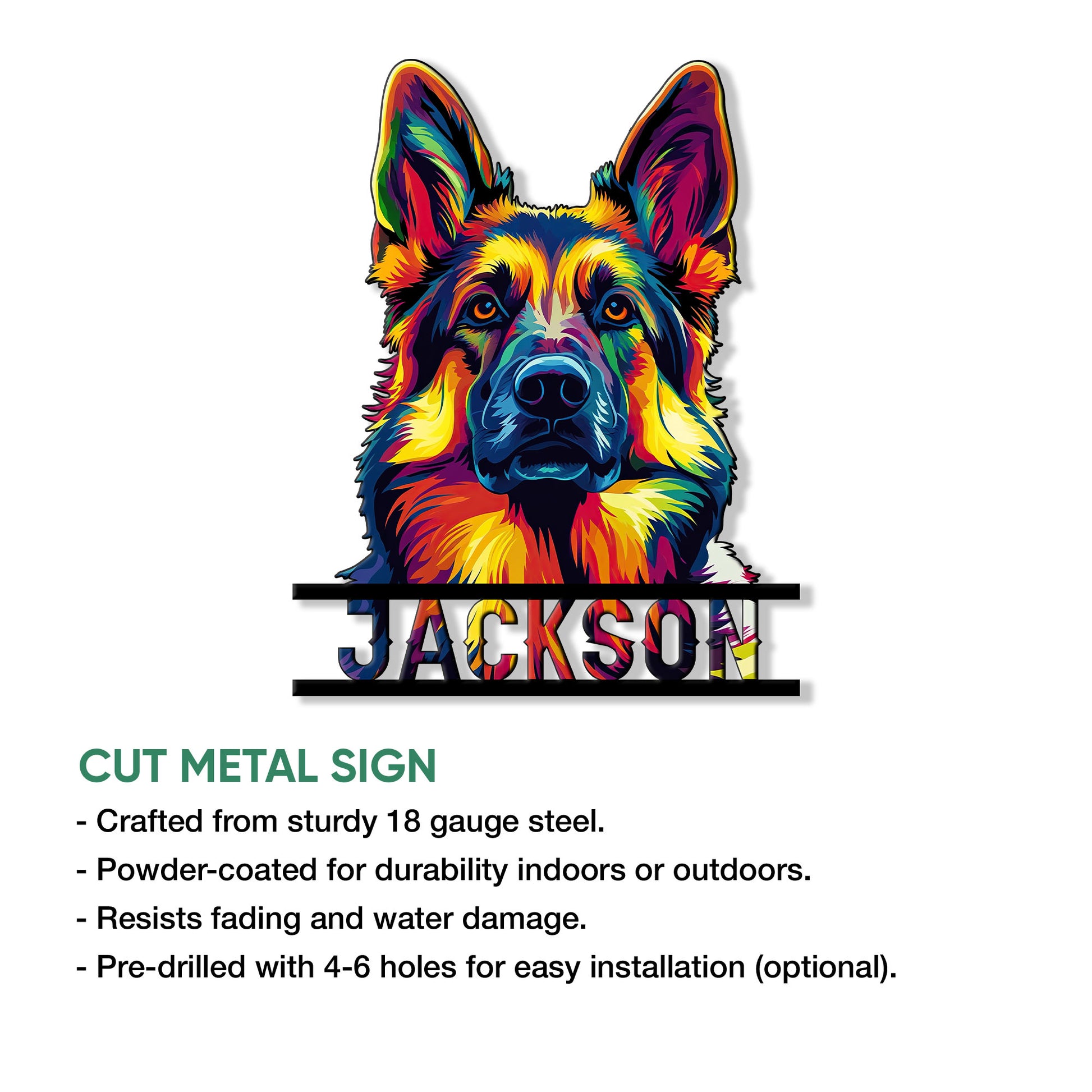 Close-up German Shepherd metal sign featuring colorful portrait artwork and a bold decorative frame