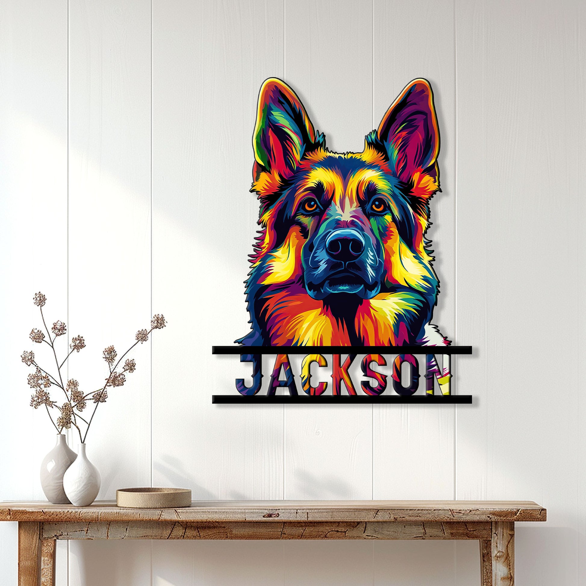 Colorful German Shepherd wall sign displayed in a bright home entryway above a console table