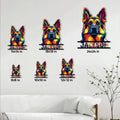 German Shepherd metal sign size guide showing multiple square size options in a living room setting