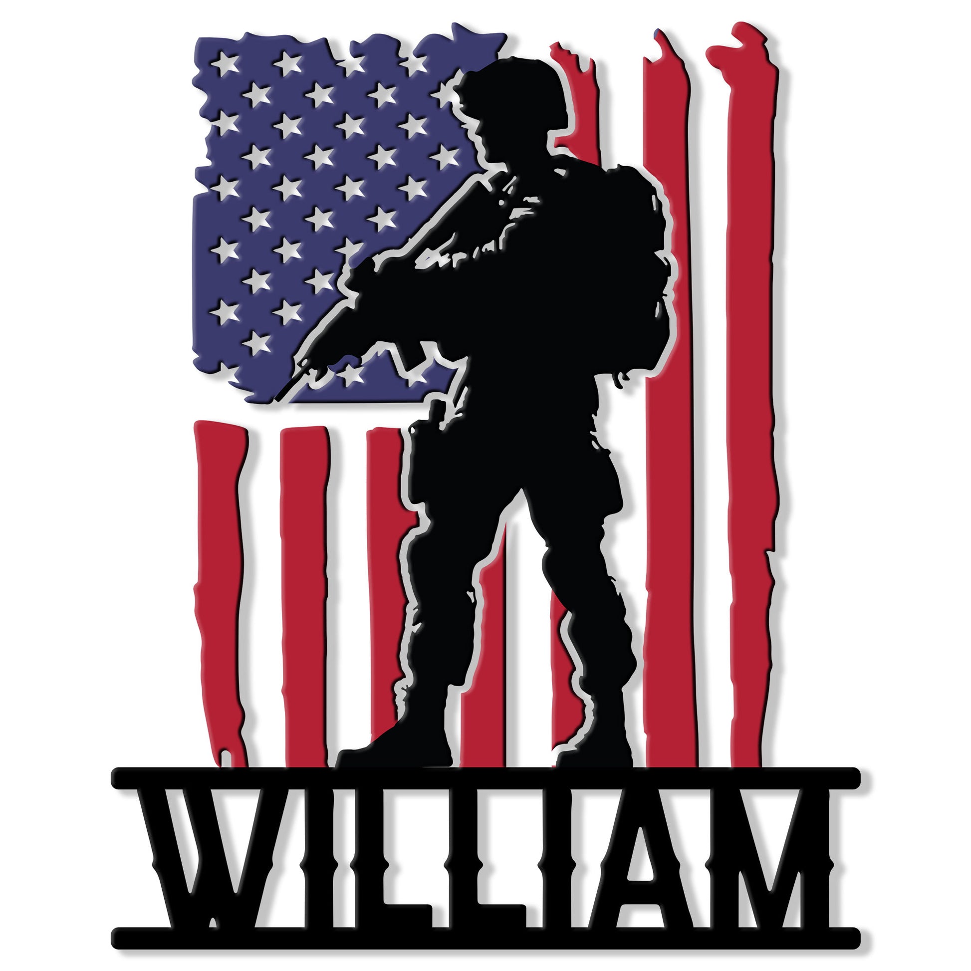 Patriotic veteran metal sign featuring a soldier silhouette over a stylized American flag