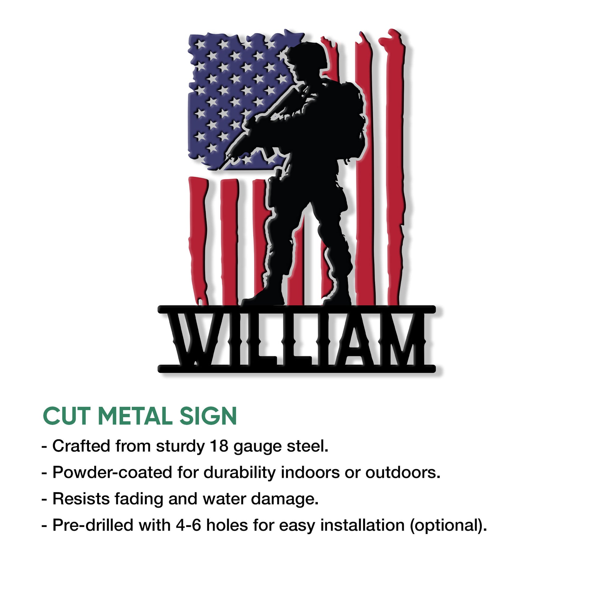 Cut-metal veteran sign shown with a soldier silhouette and patriotic American flag design