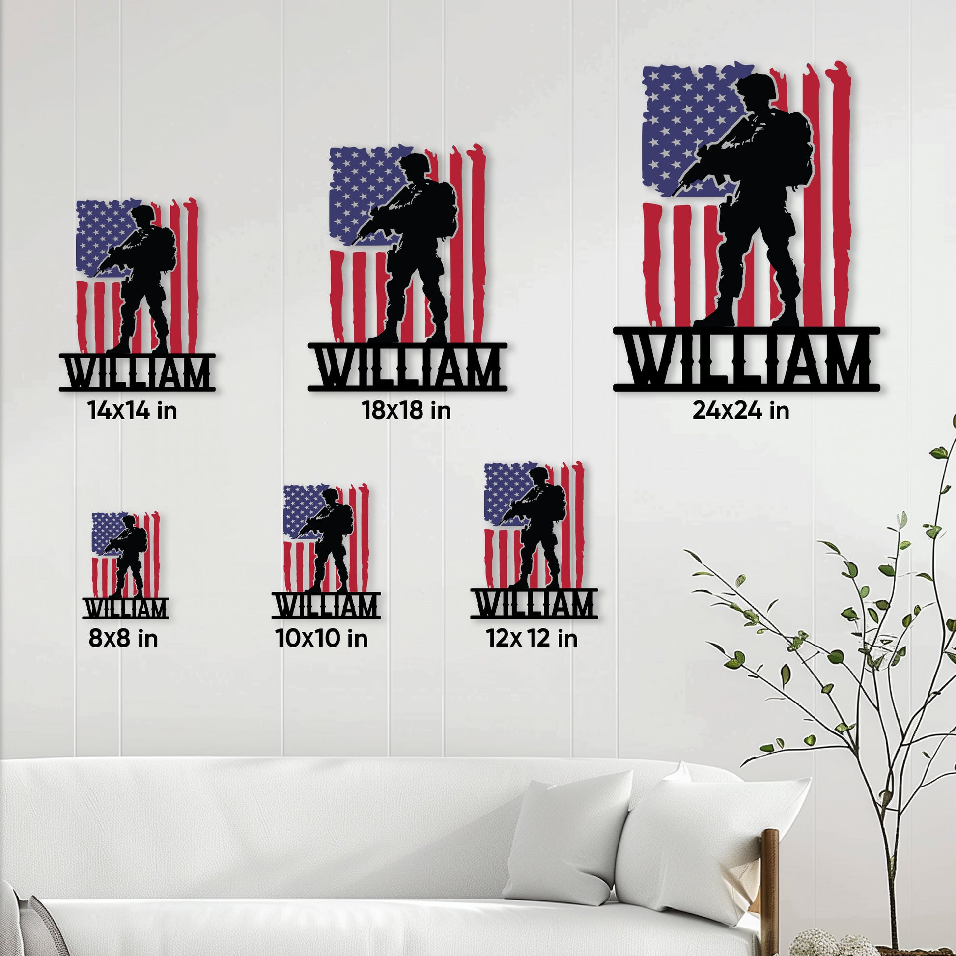 Veteran metal sign size guide showing available square sizes from 8 by 8 to 24 by 24 inches