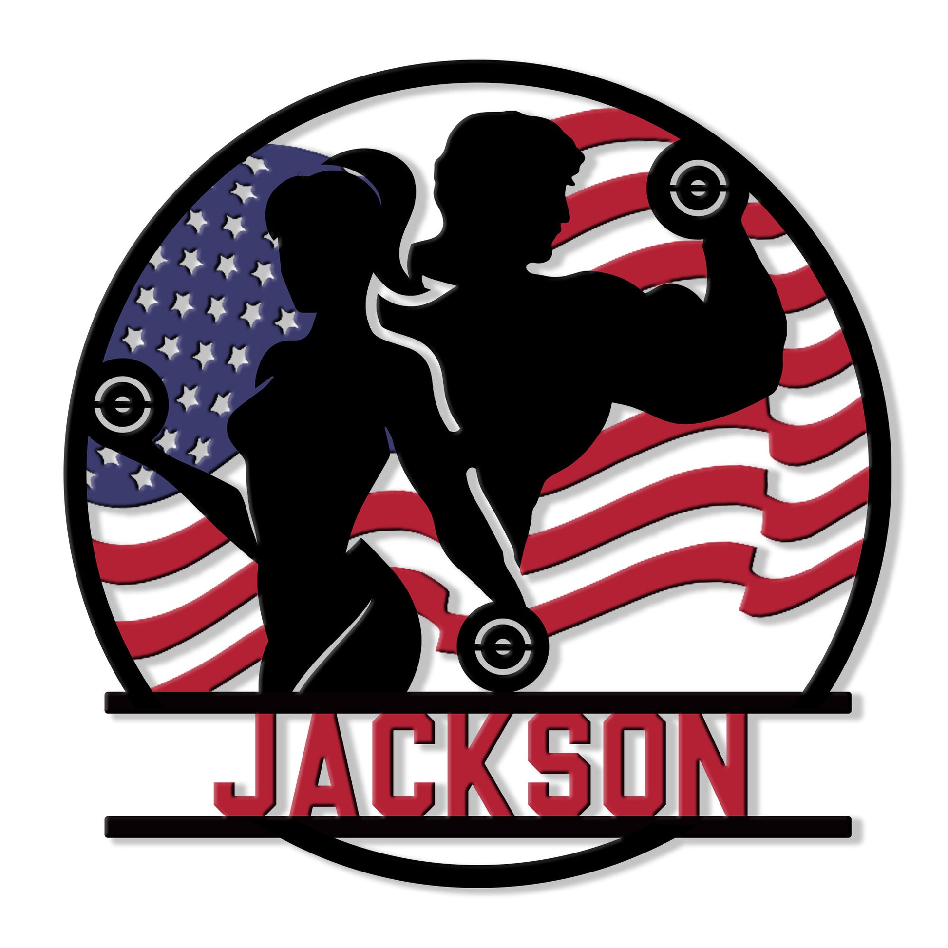 Fitness couple lifting weights against a patriotic flag backdrop on a custom gym metal sign