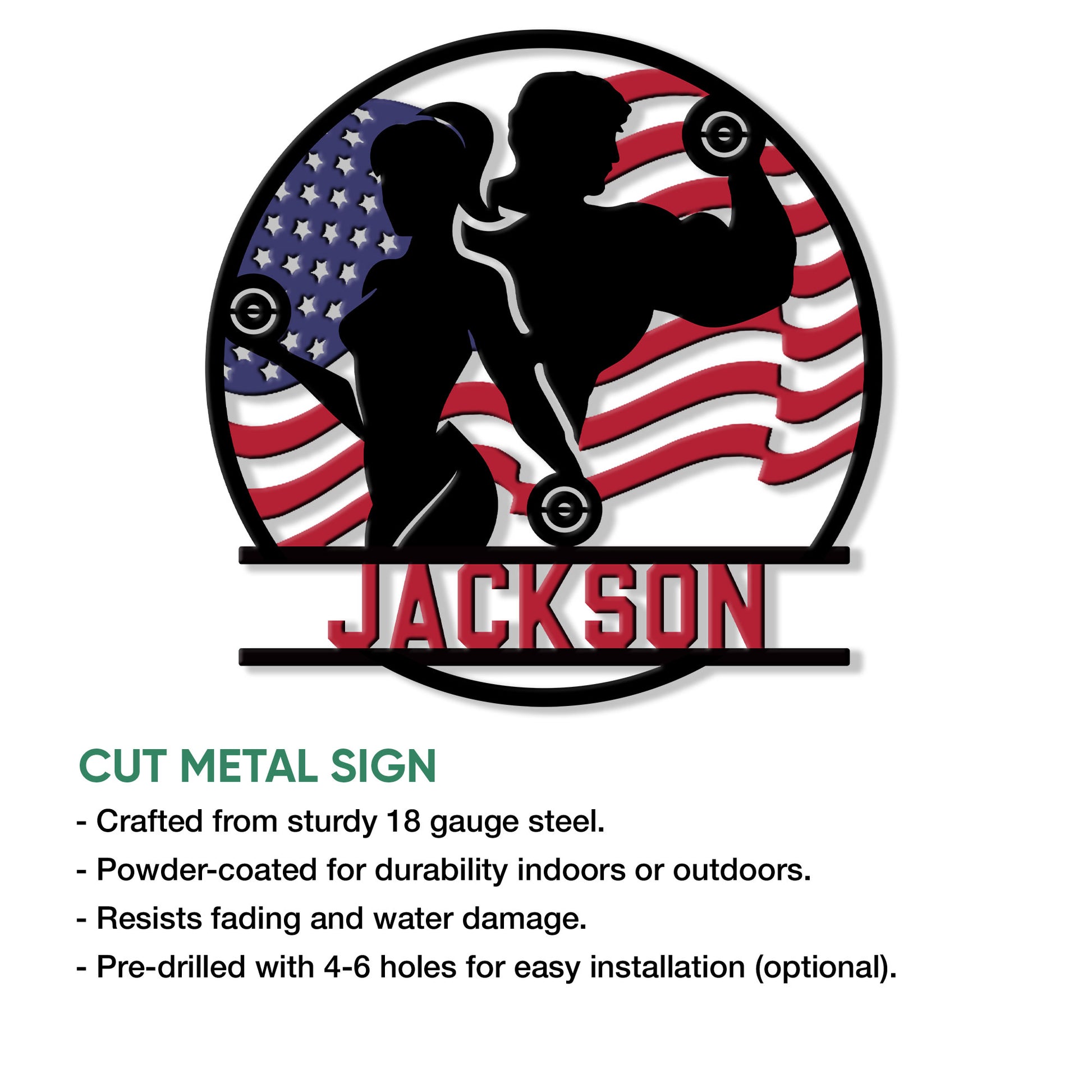 Gym metal sign feature graphic showing a weightlifting couple design and product presentation