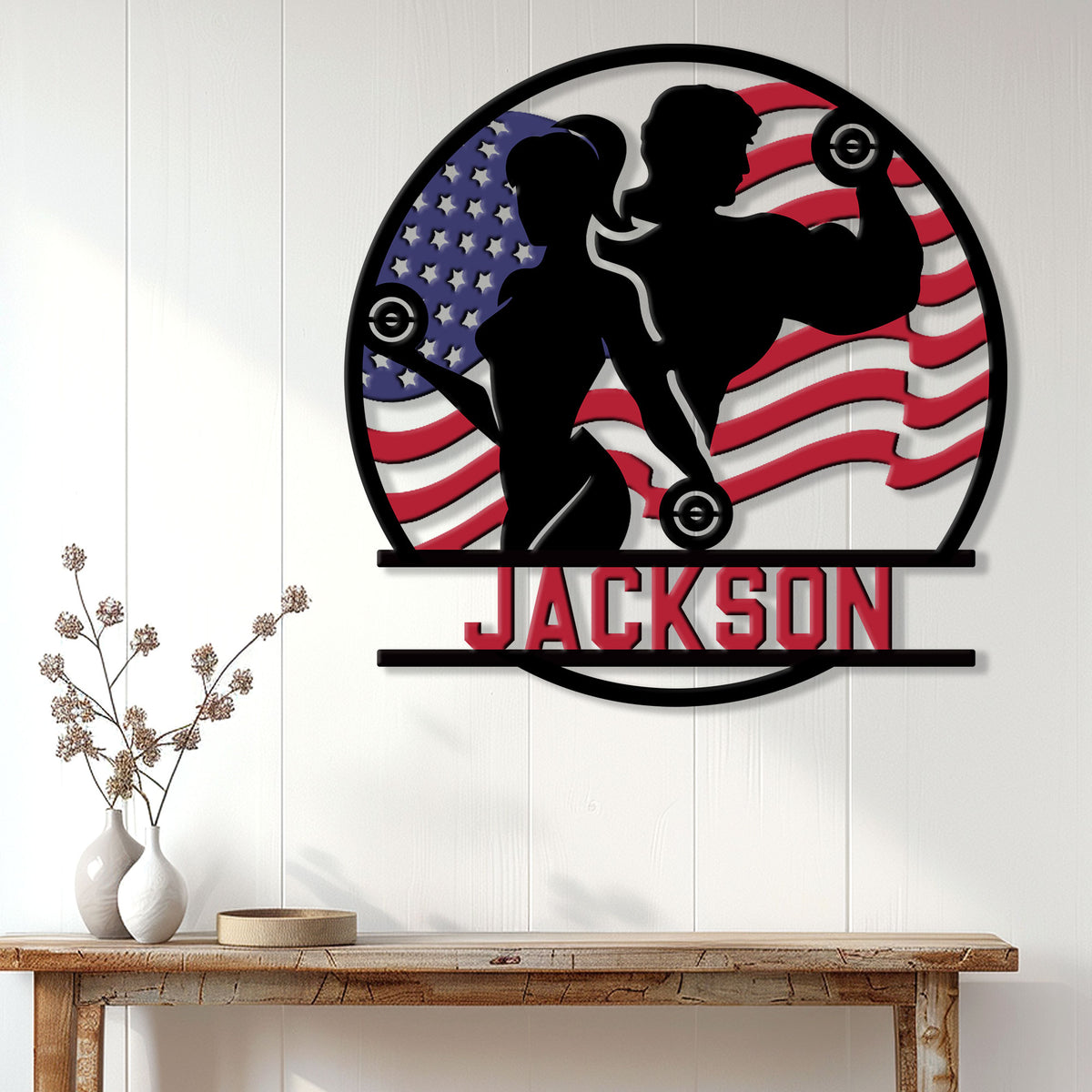 Fitness couple metal sign displayed as home gym wall decor in a bright interior