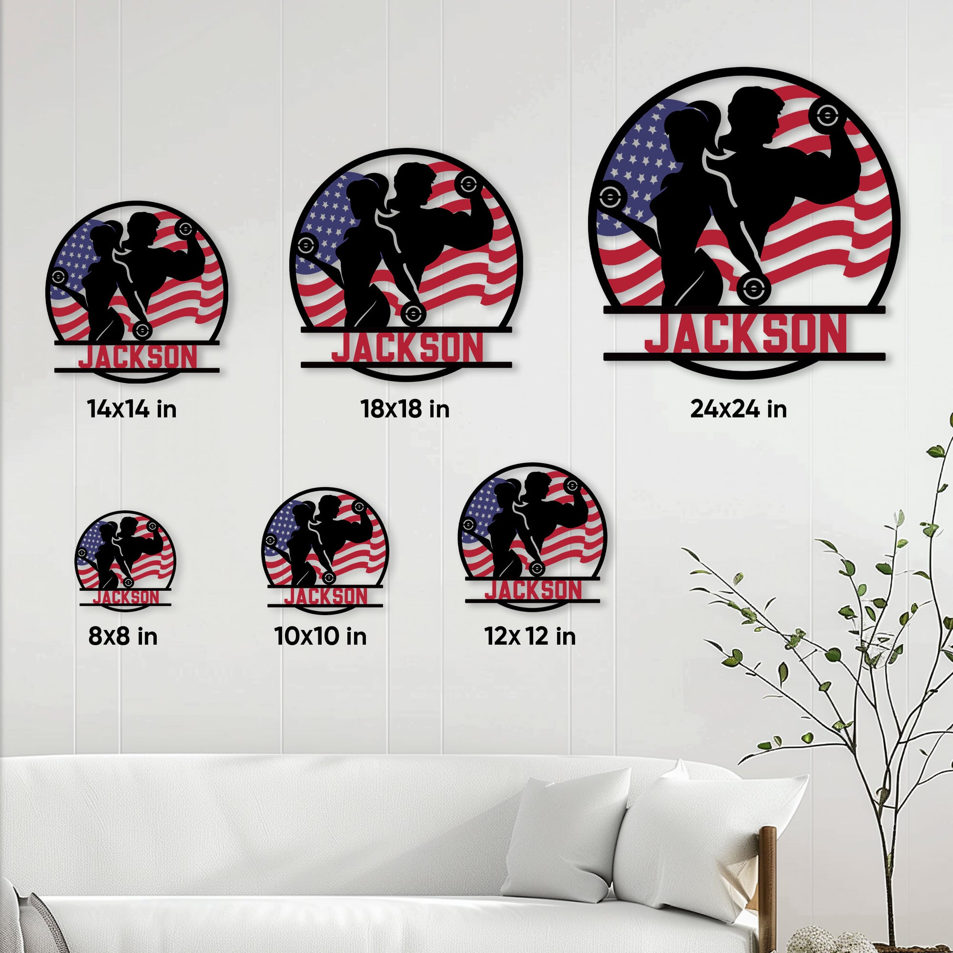 Home gym metal sign size guide showing multiple available square dimensions on a wall