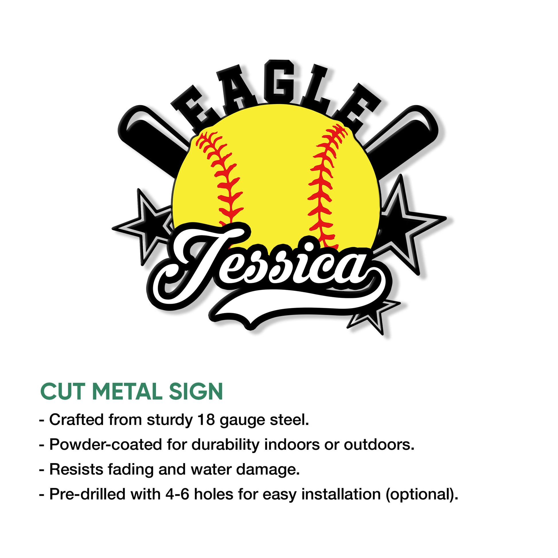 Softball metal sign design shown with cut steel construction and a crossed-bat softball graphic