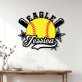 Softball wall sign displayed on a white wood-paneled wall above a console table