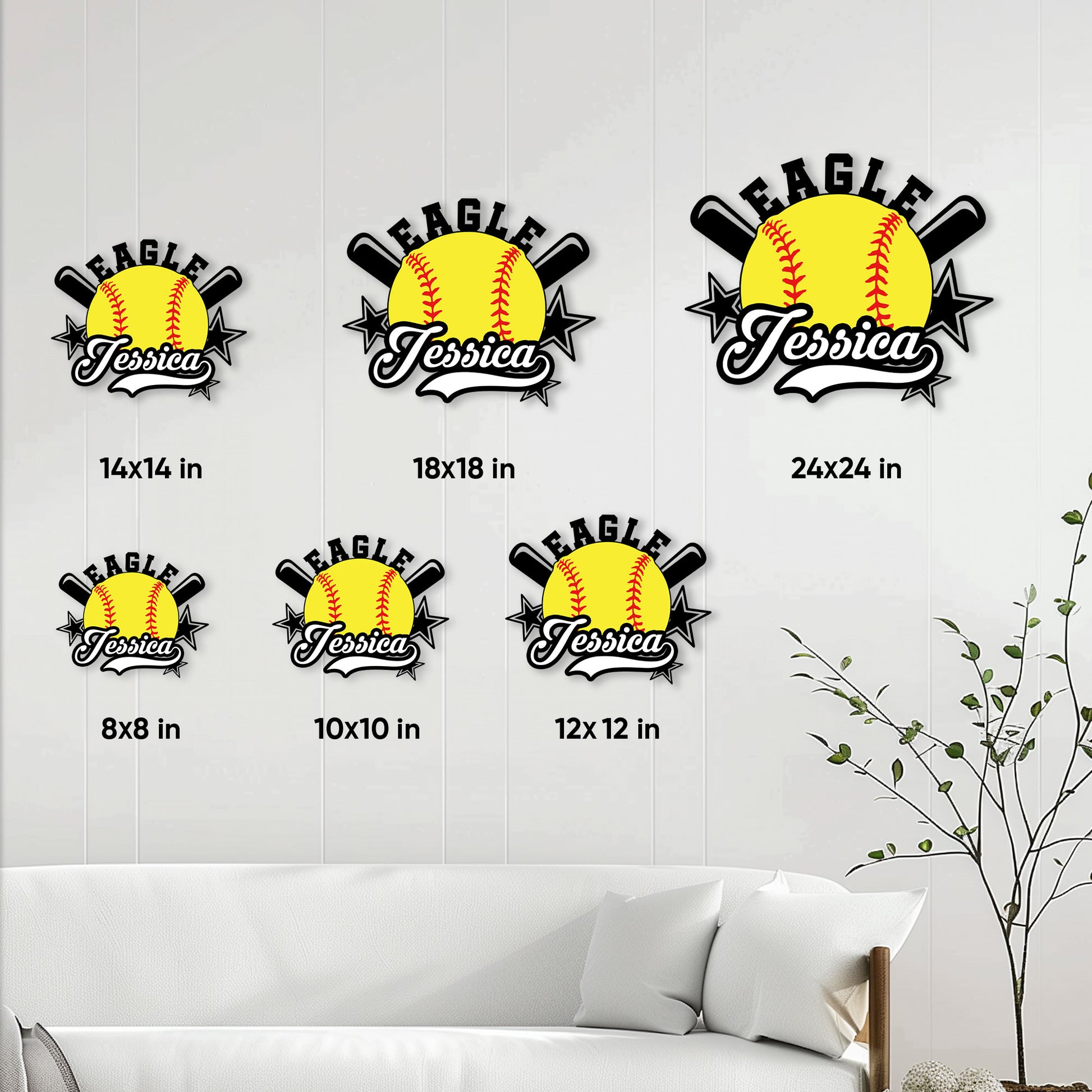 Softball metal sign size guide showing 8, 10, 12, 14, 18, and 24 inch square options
