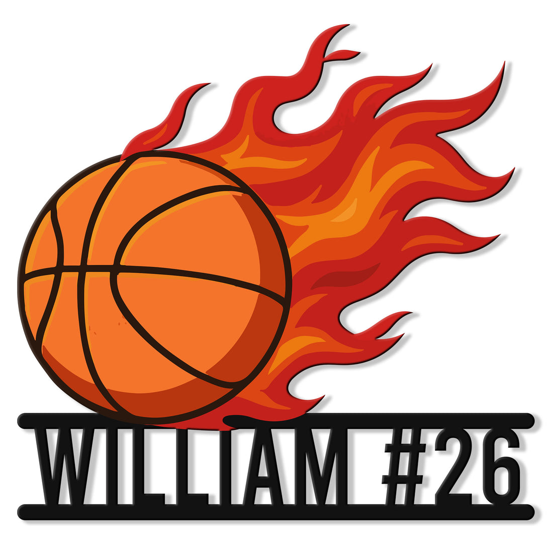 Flaming basketball metal sign featuring a bold orange ball and dynamic red flames