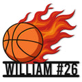 Flaming basketball metal sign featuring a bold orange ball and dynamic red flames