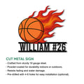 Flaming basketball cut metal sign shown with an athletic sports design and bold lower bar