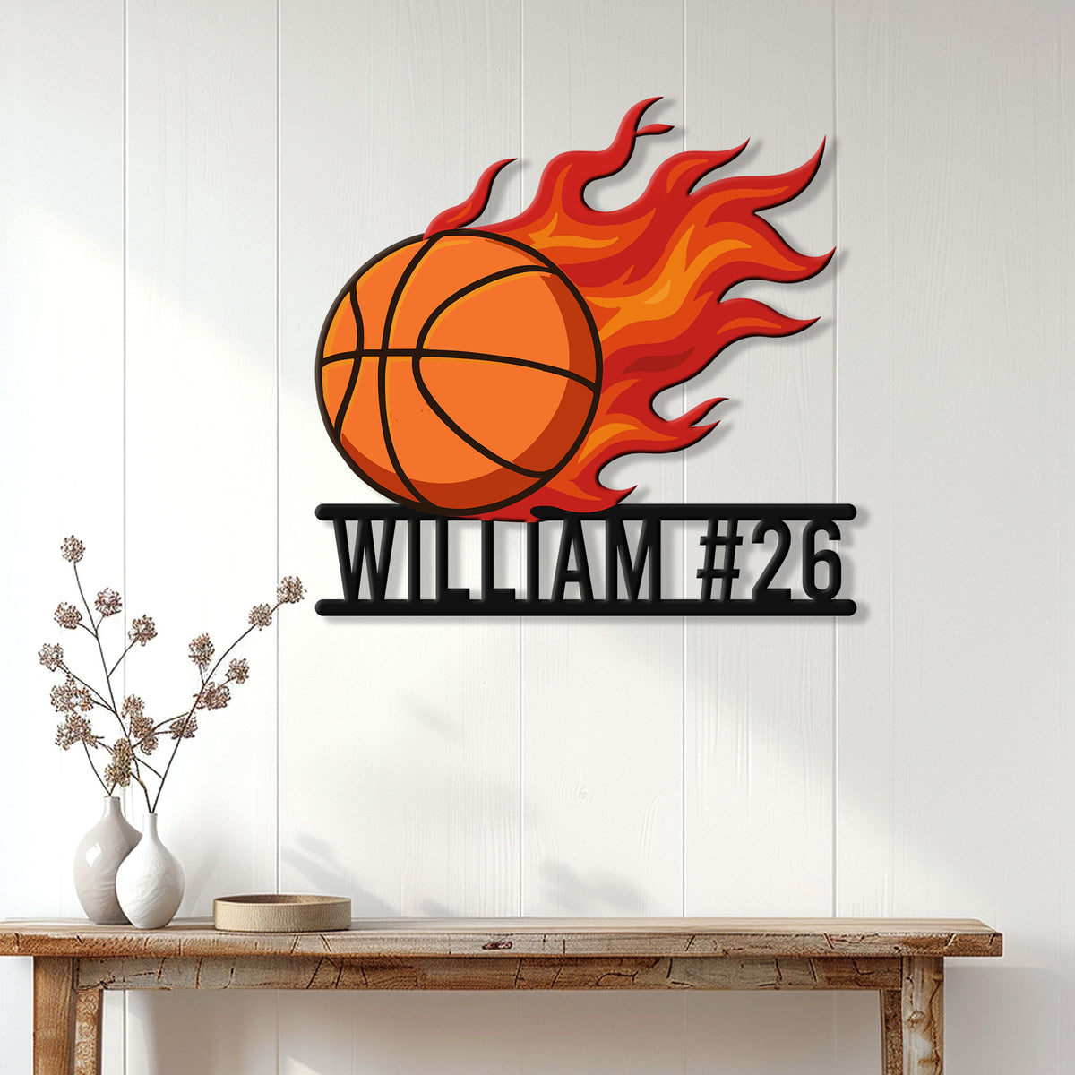 Custom flaming basketball metal sign displayed as sports wall decor in a bright home entryway