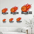 Flaming basketball metal sign size guide showing available square dimensions from 8 by 8 to 24 by 24 inches