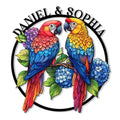 Colorful pair of macaws perched among blue flowers in a circular parrot metal sign design