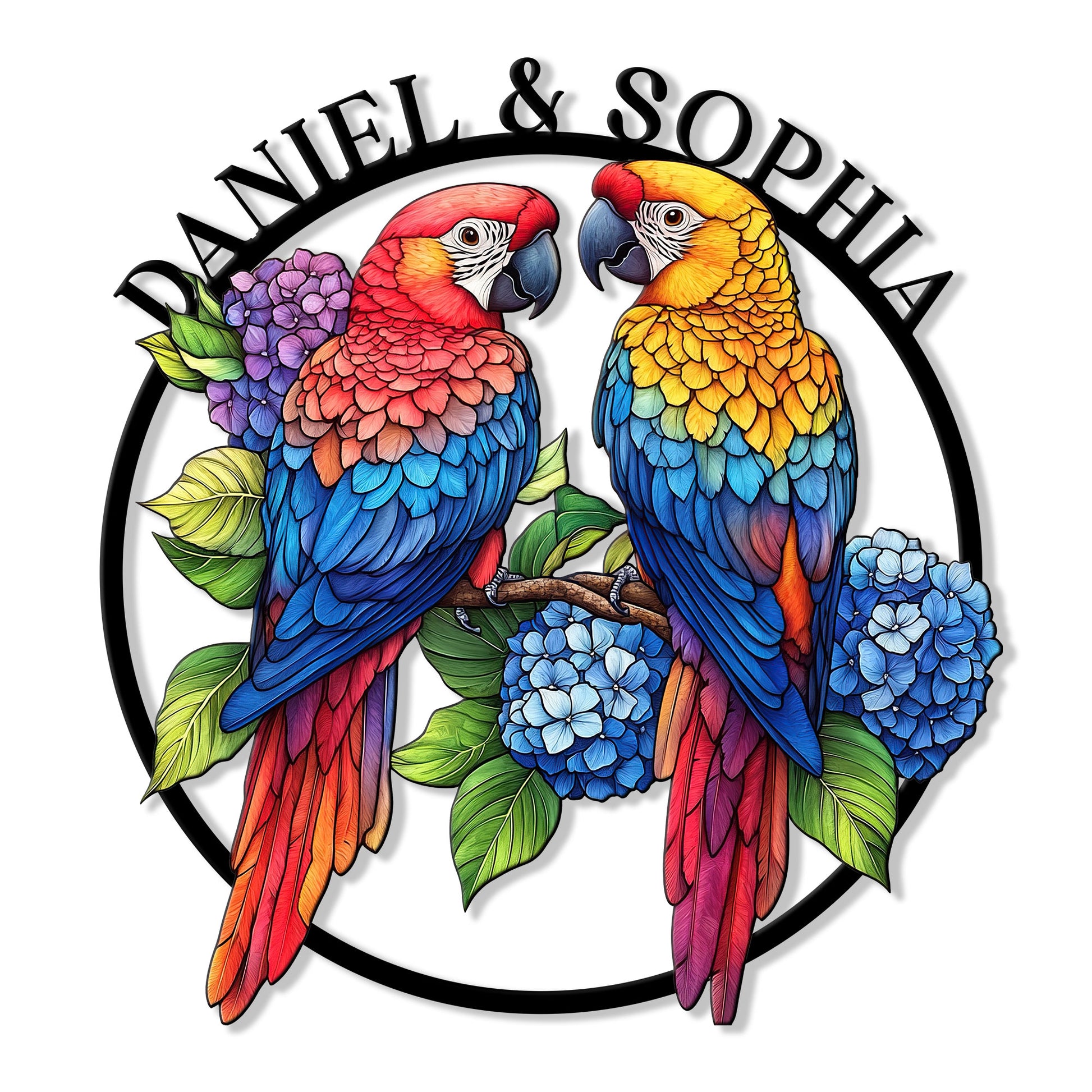 Colorful pair of macaws perched among blue flowers in a circular parrot metal sign design
