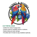 Vibrant macaw parrot metal sign shown with cut steel sign features and installation options