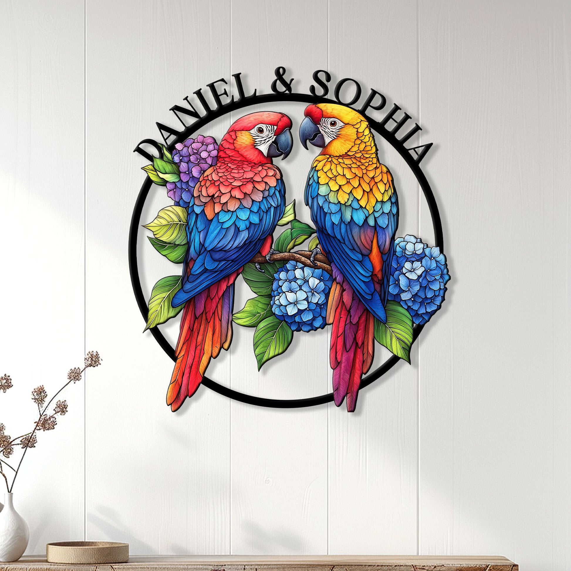 Colorful macaw pair metal wall sign displayed as tropical bird decor in a bright home