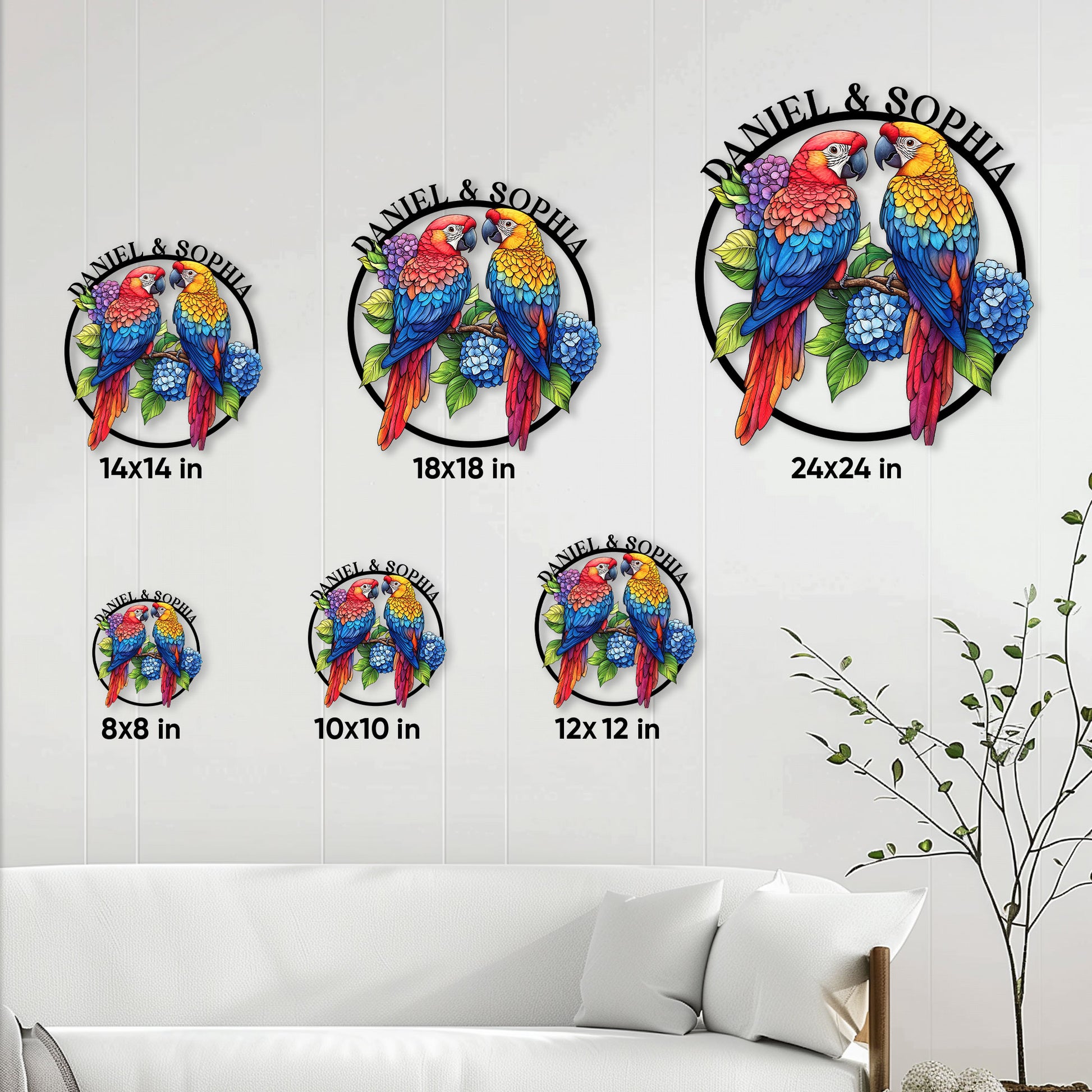 Macaw parrot metal sign size guide showing available 8x8 through 24x24 inch options