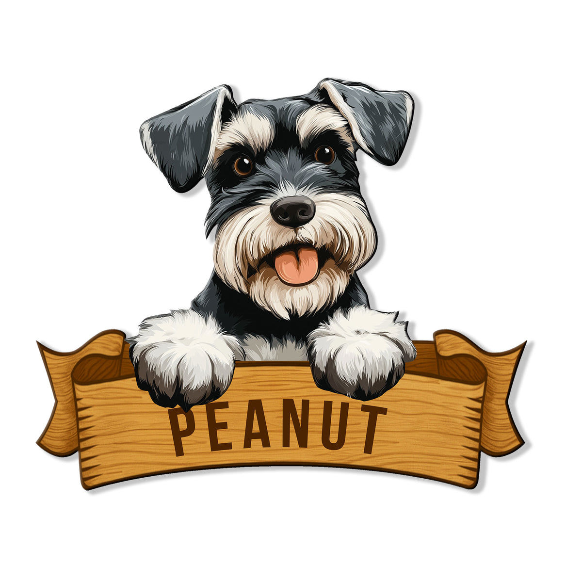 Miniature Schnauzer metal sign featuring a cheerful dog portrait above a rustic wood-look banner