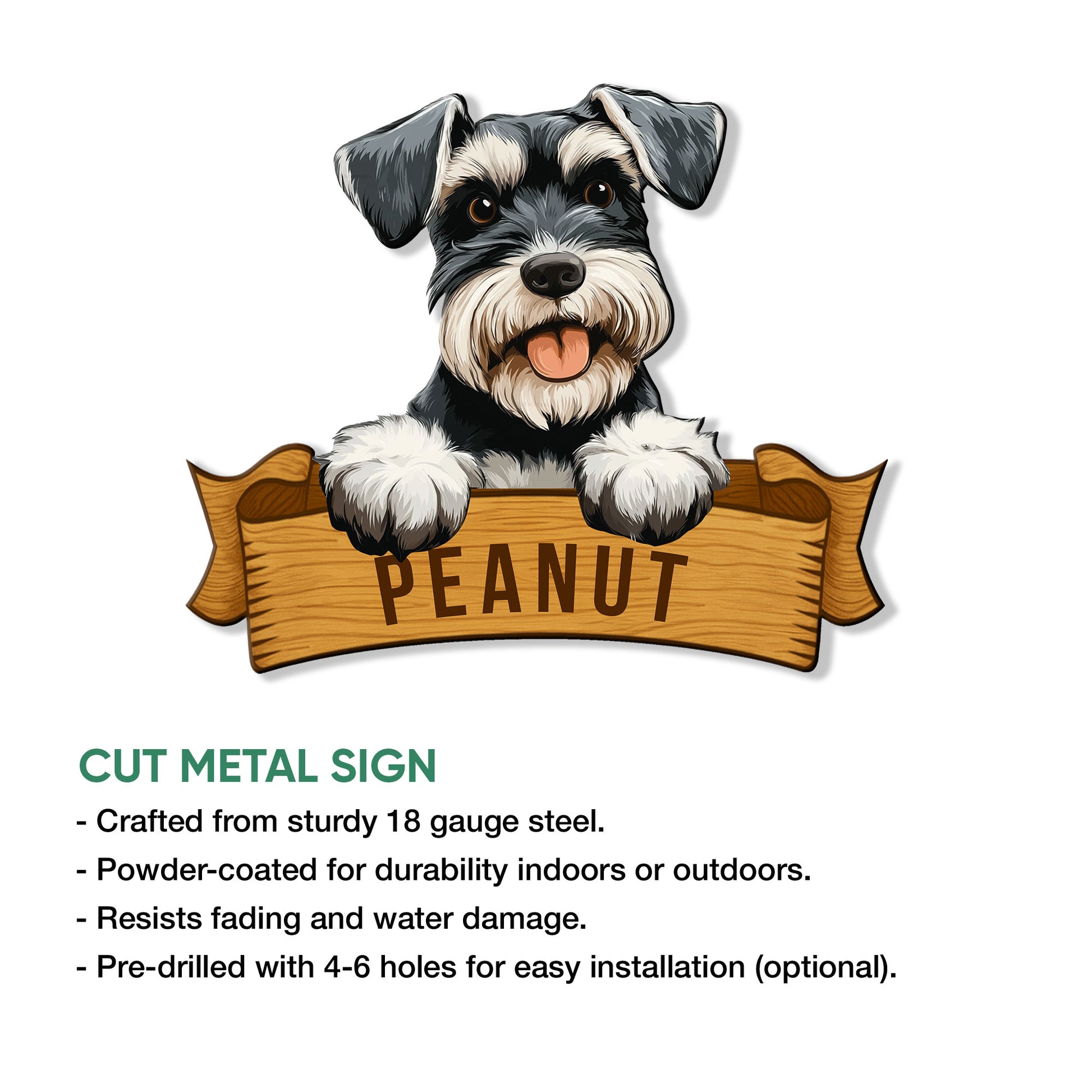 Cut metal Miniature Schnauzer sign shown with indoor and outdoor display features