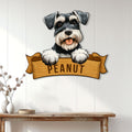 Miniature Schnauzer wall sign displayed on a bright white plank wall above a rustic console