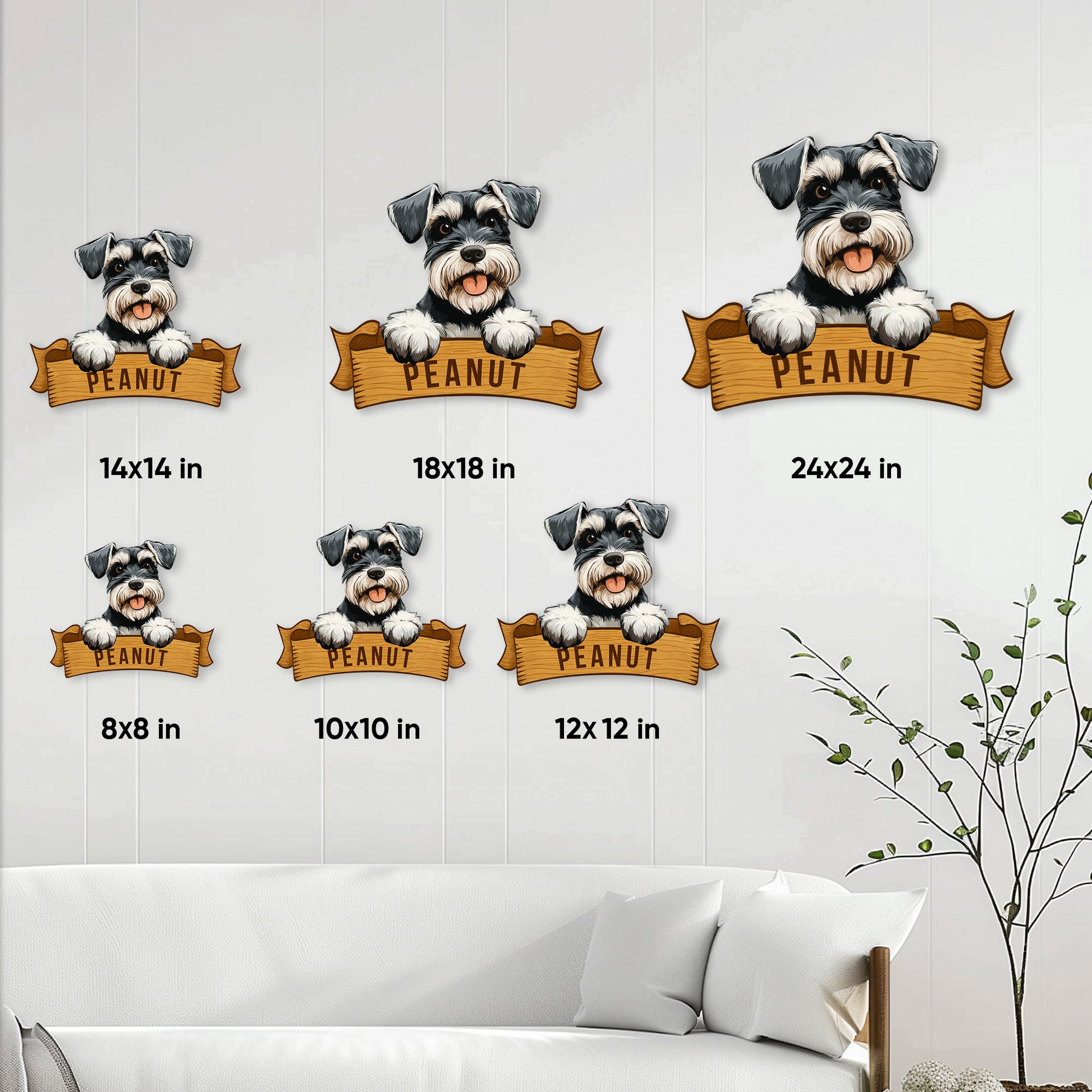 Miniature Schnauzer metal sign size guide showing available square dimensions from 8 by 8 to 24 by 24 inches