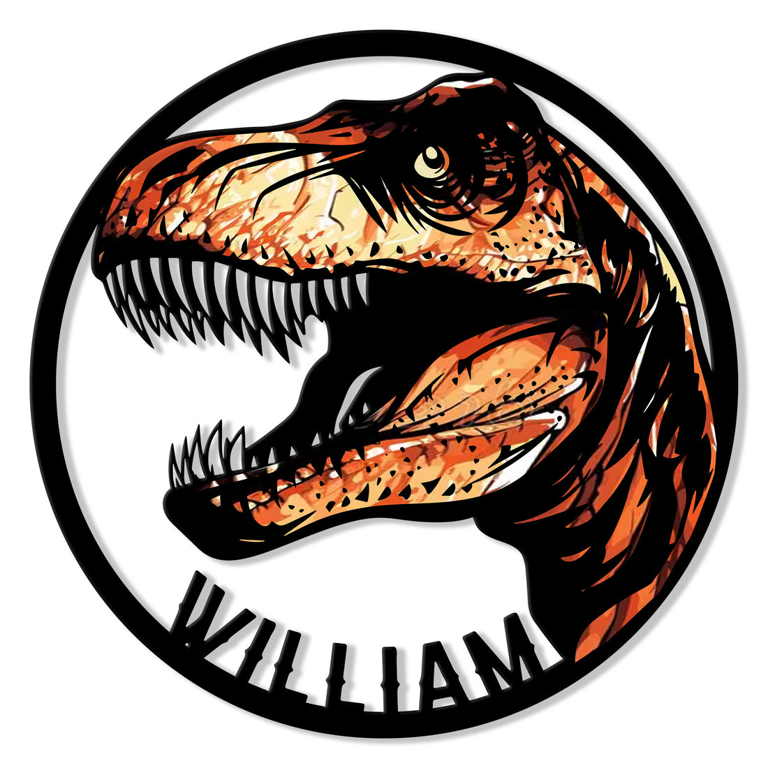 Bold orange and black Tyrannosaurus rex artwork inside a circular dinosaur metal sign