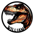 Bold orange and black Tyrannosaurus rex artwork inside a circular dinosaur metal sign