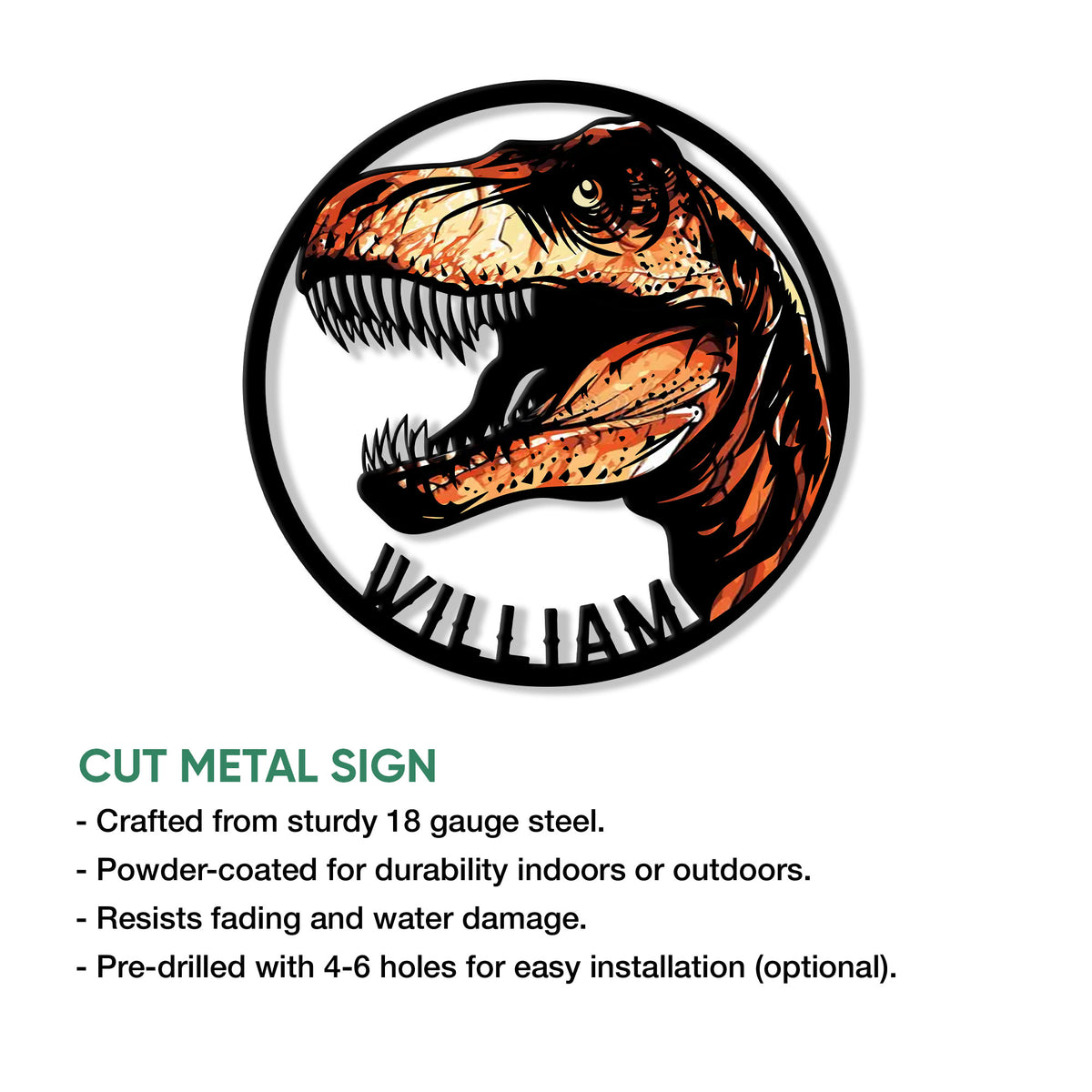 Tyrannosaurus rex metal sign shown with a product feature infographic