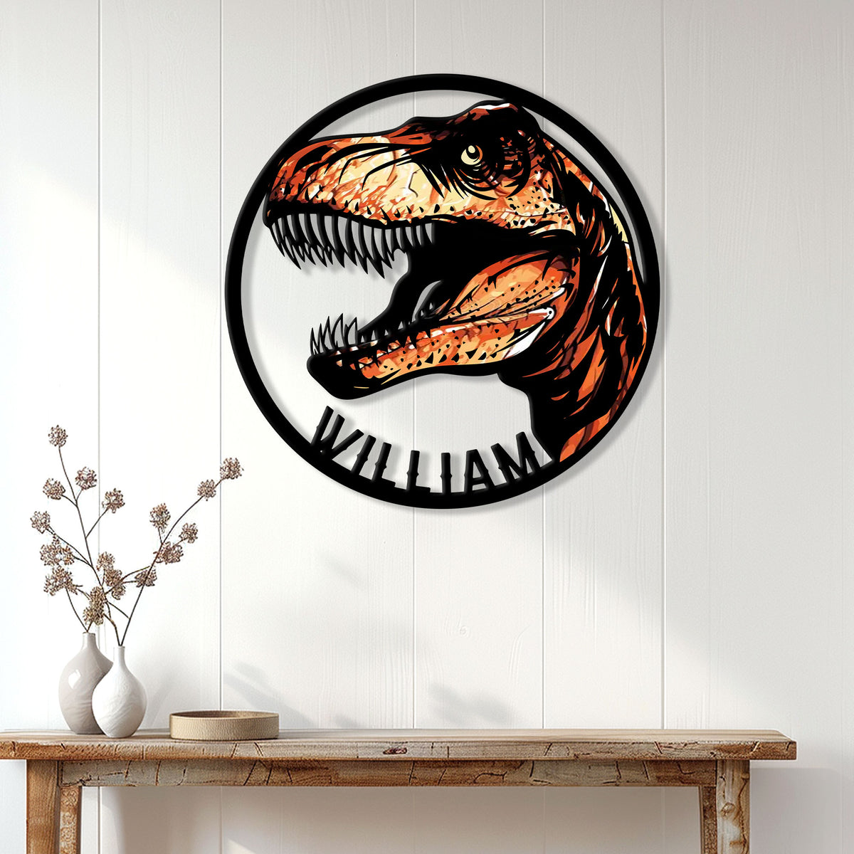 Custom dinosaur metal sign displayed as dramatic T-Rex wall decor in a bright home