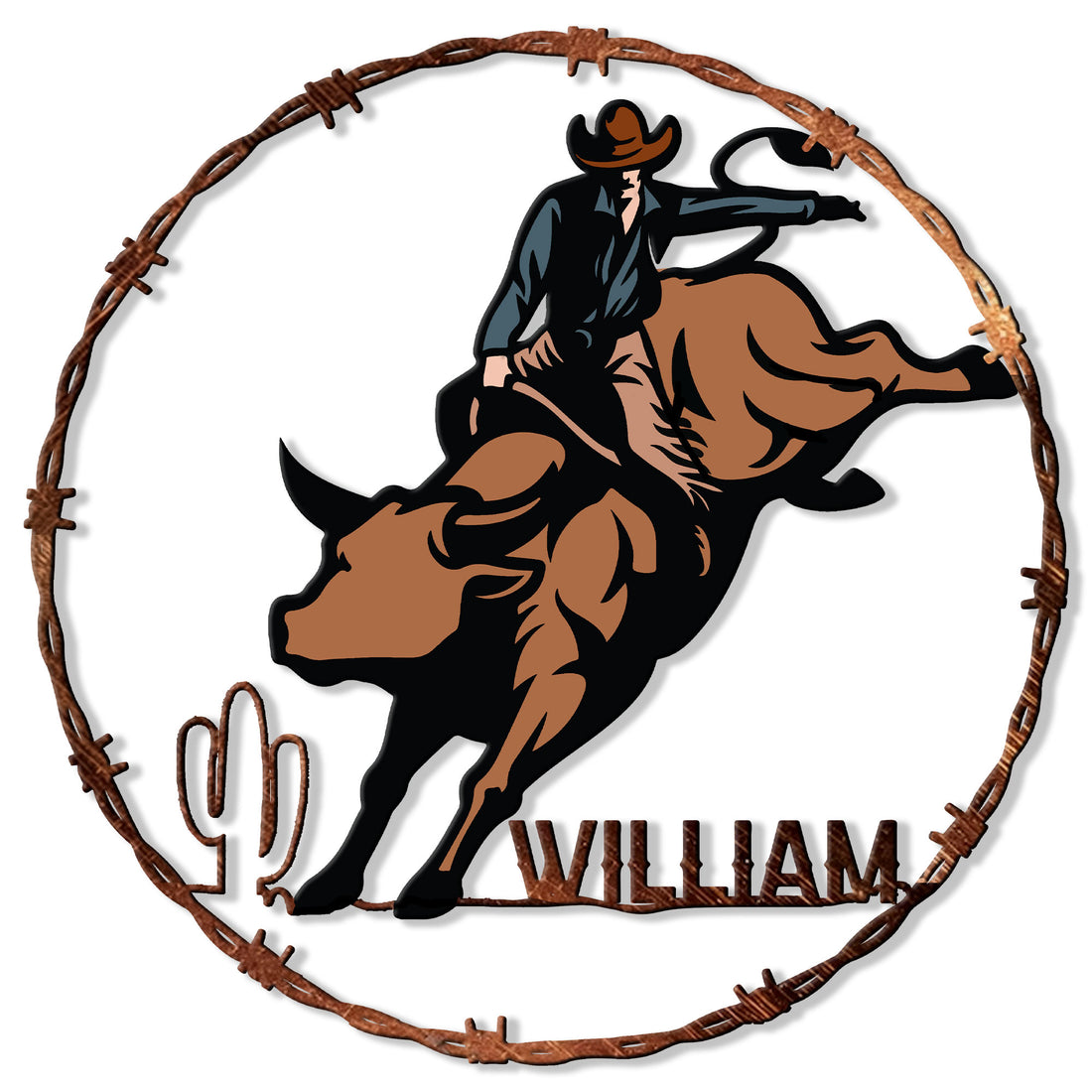 Rodeo metal sign featuring a bull rider in motion within a barbed wire circle and western ranch design