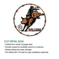 Rodeo bull rider metal sign shown with a cut metal sign feature and product detail infographic