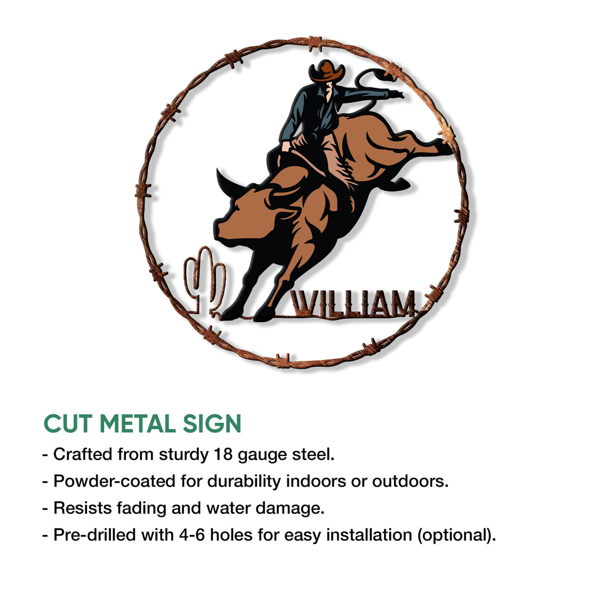 Rodeo bull rider metal sign shown with a cut metal sign feature and product detail infographic