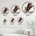 Rodeo bull rider metal sign size guide showing multiple available dimensions in a western wall display
