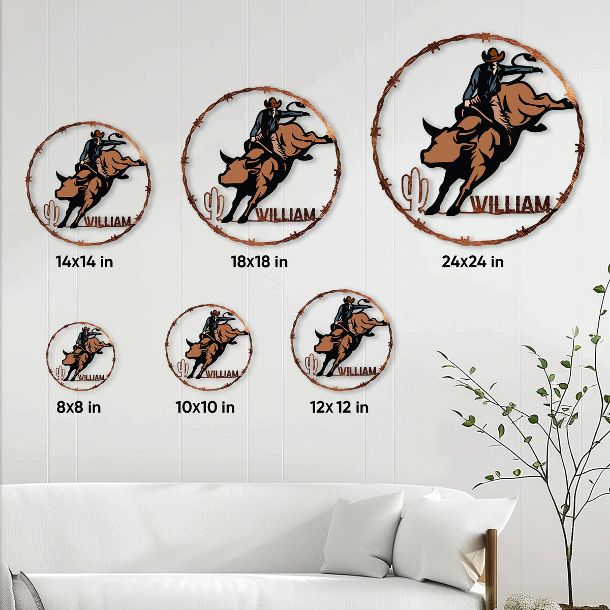 Rodeo bull rider metal sign size guide showing multiple available dimensions in a western wall display