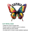 Colorful butterfly cut metal sign shown with product feature details for indoor or outdoor display