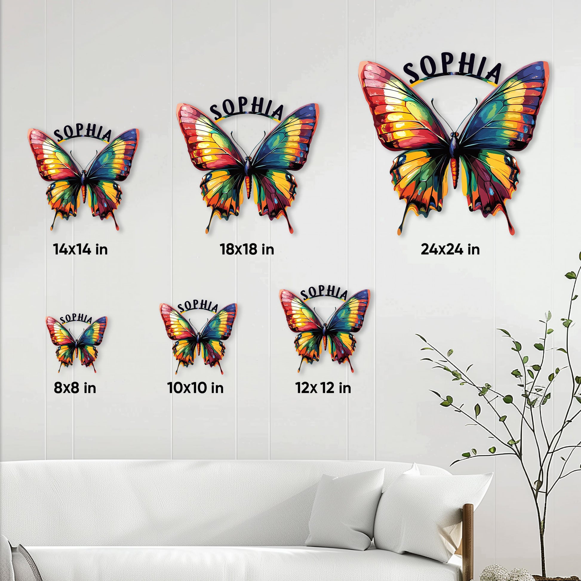 Butterfly metal sign size guide showing available square sizes from 8 by 8 to 24 by 24 inches