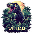 Custom dinosaur metal sign featuring a roaring T-Rex emerging from a prehistoric jungle at sunset