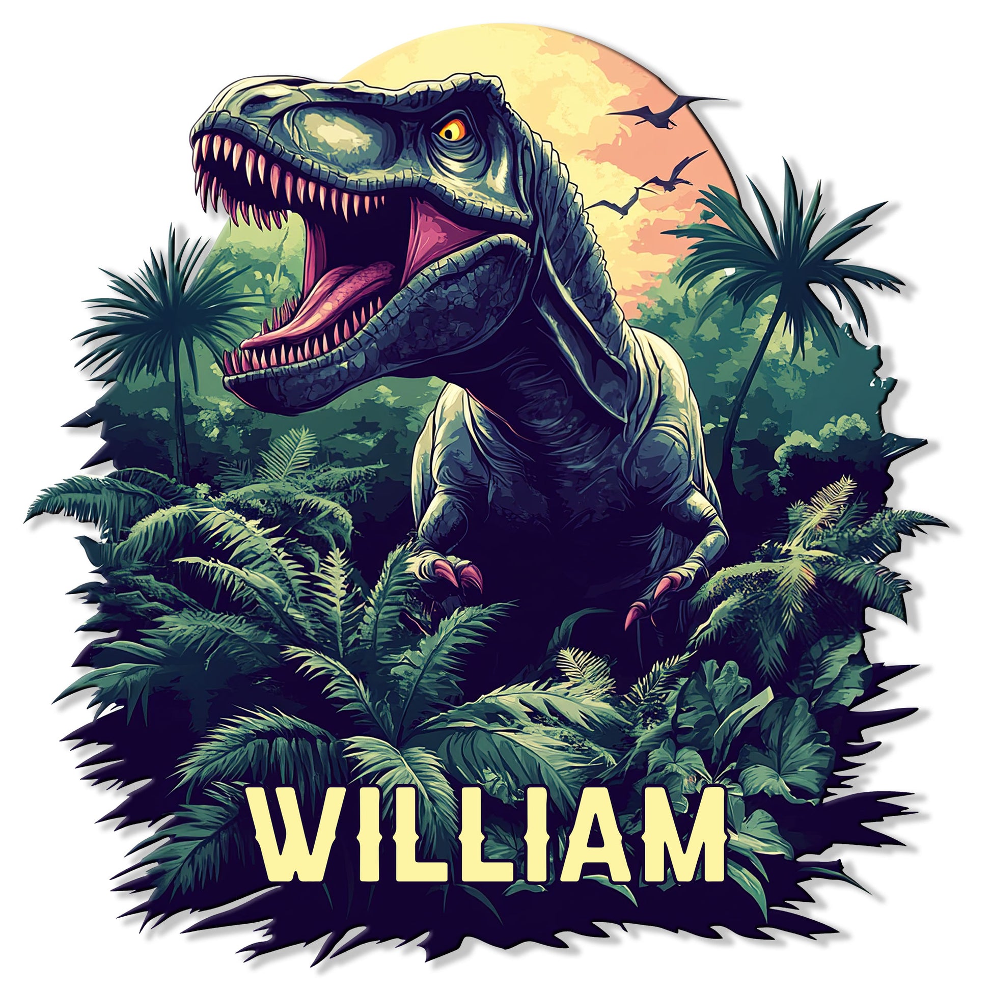 Custom dinosaur metal sign featuring a roaring T-Rex emerging from a prehistoric jungle at sunset