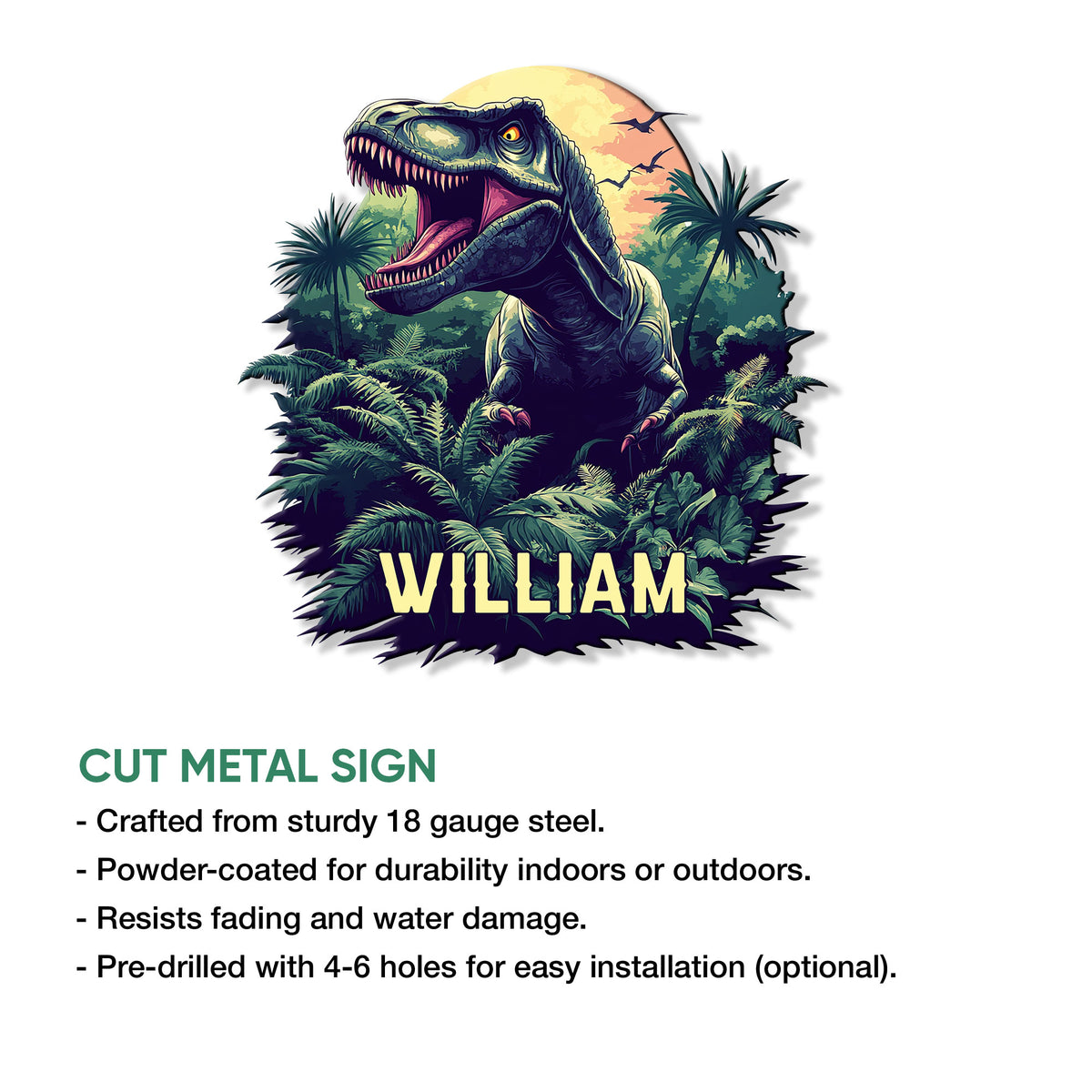 T-Rex dinosaur metal sign shown with a cutout silhouette and product feature information