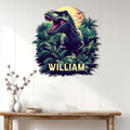 Dinosaur wall sign displayed on a light wood-paneled wall above a console table