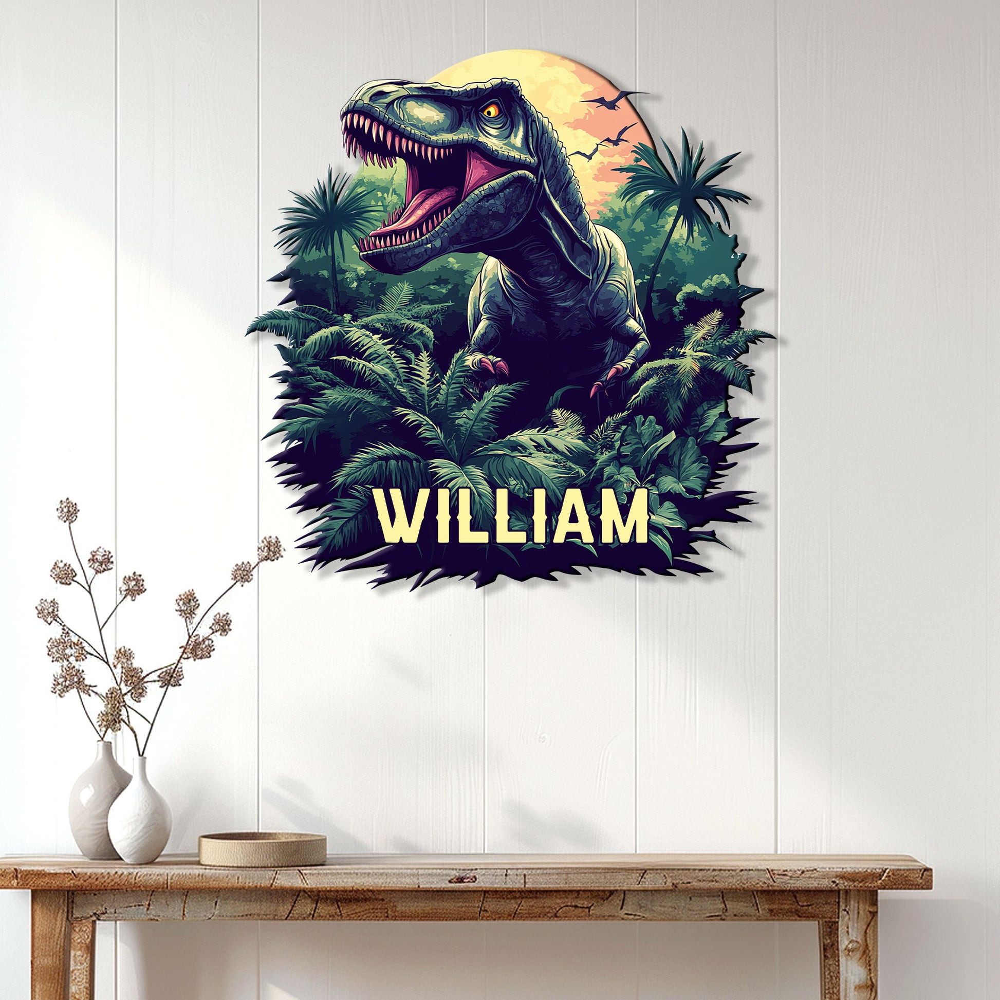 Dinosaur wall sign displayed on a light wood-paneled wall above a console table