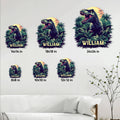 T-Rex metal signs shown in multiple sizes on a living room wall for scale comparison