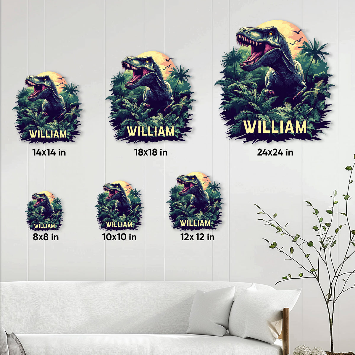 T-Rex metal signs shown in multiple sizes on a living room wall for scale comparison