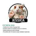 Guinea pig floral metal sign shown with cut metal sign features and installation information