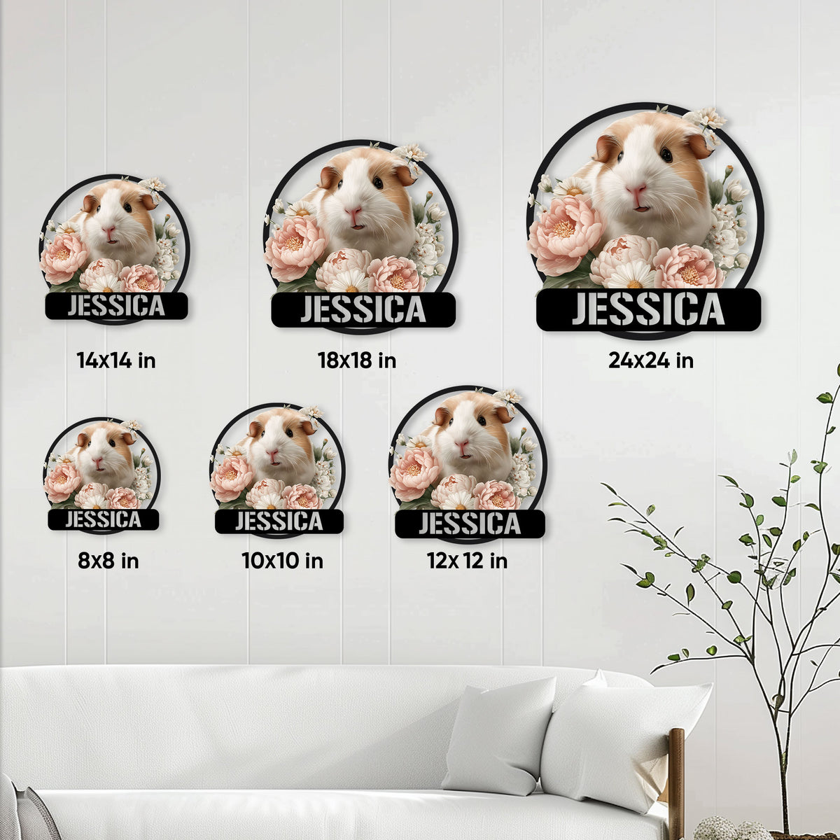 Guinea pig flower metal sign shown in multiple size options on a living room wall